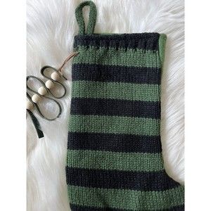 New Christmas Stocking Black Green Farmhouse Stripe Sweater knit wood bead tree